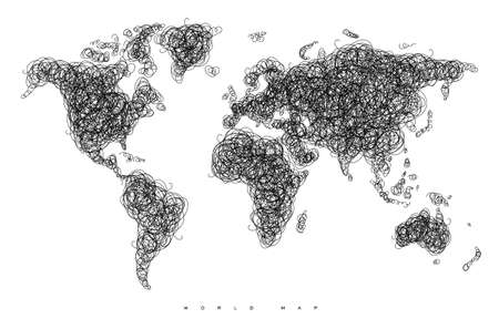 World map drawing with tangled black lines on white backgroundのイラスト素材