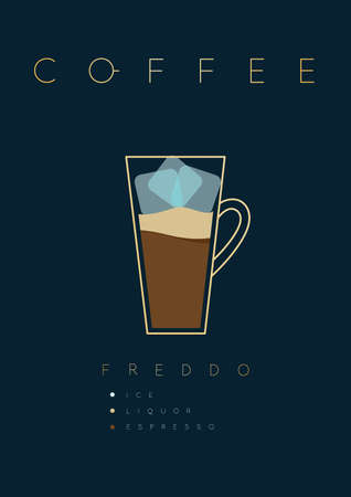 Poster coffee freddo with names of ingredients drawing in flat style on dark blue backgroundのイラスト素材