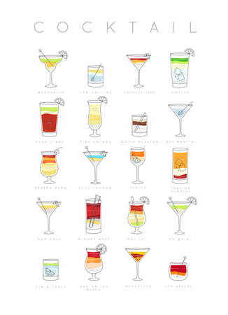 Poster flat cocktails menu with glass, recipes and names of cocktails drinks drawing on white backgroundのイラスト素材
