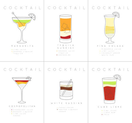 Set of flat cocktail posters margarita, tequila sunrise, pina colada, cosmopolitan, white russian, cuba libre drawing on white backgroundのイラスト素材