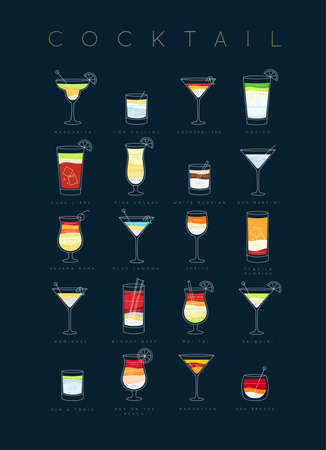 Poster flat cocktails menu with glass, recipes and names of cocktails drinks drawing on dark blue backgroundのイラスト素材