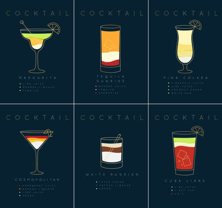 Set of flat cocktail posters margarita, tequila sunrise, pina colada, cosmopolitan, white russian, cuba libre drawing on dark blue backgroundのイラスト素材