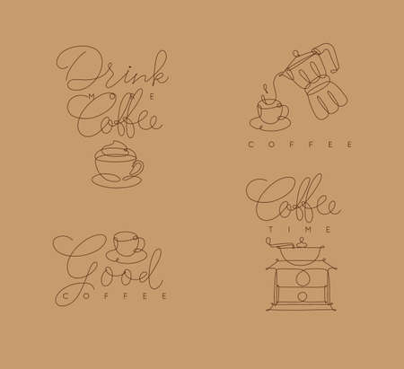 Coffee symbols lines with lettering in pen hand drawing style on beige backgroundのイラスト素材