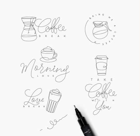 Coffee elements lines with lettering in pen hand drawing style on white backgroundのイラスト素材