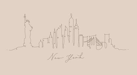 City silhouette new york in pen line style drawing with brown lines on beige backgroundのイラスト素材
