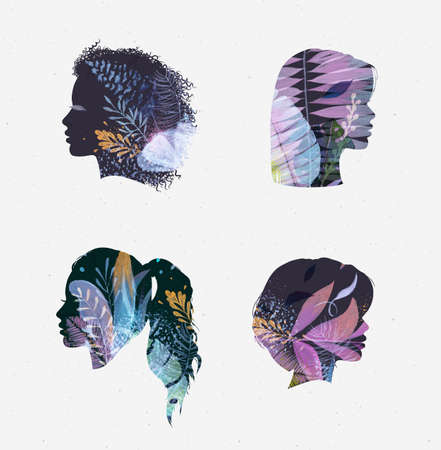 Set of beauty salon female silhouettes with vivid floral colorful plants in blue tones drawing on light backgroundのイラスト素材