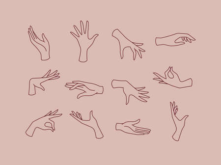 Hands icons drawing in flat style on pink brown backgroundのイラスト素材