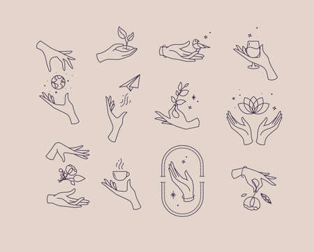 Hand symbols silhouettes drawing in flat style with black lines on beige backgroundのイラスト素材