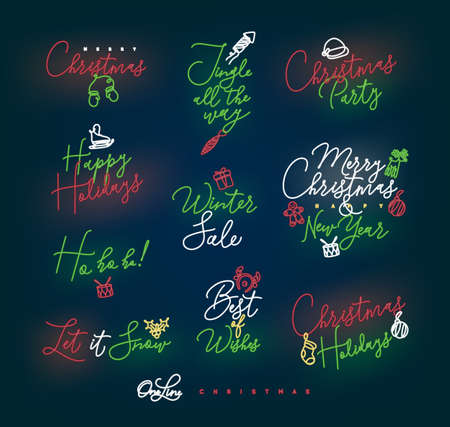 Christmas pen line lettering for winter holidays drawing with color on dark blue backgroundのイラスト素材