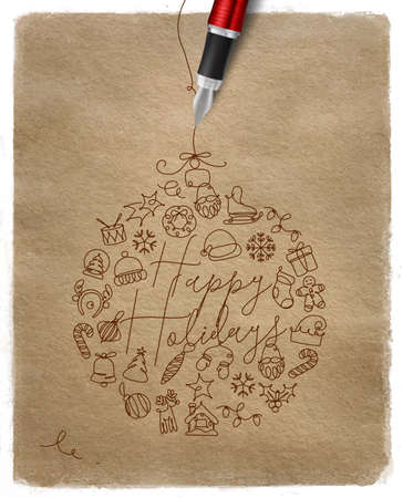 Christmas tree toy ball lettering happy holidays drawing with pen line on kraft paper backgroundのイラスト素材