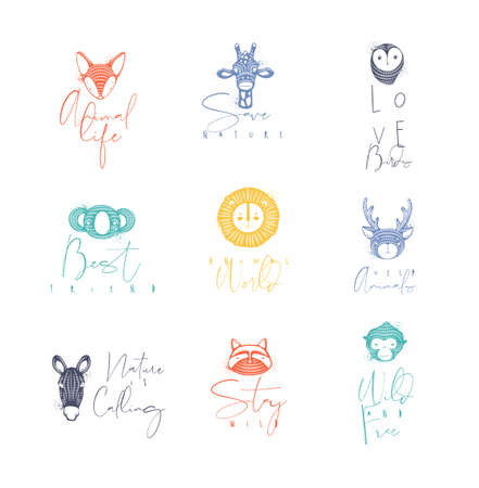 Set of animals authentic graphic signs fox, giraffe, owl, panda, lion, antelope, horse, cat, monkey with lettering drawing in different colorsのイラスト素材