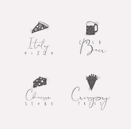 Food sign lettering italy pizza, cold beer, cheese store, crispy fries drawing in minimalism styleのイラスト素材