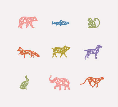 Set of animals floral graphic silhouettes bear, fish, monkey, fox, pig, dograbbit, elephant, cheetah drawing with color on dirty backgroundのイラスト素材