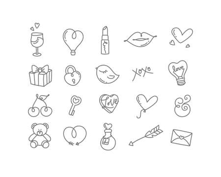 Valentines day hand drawn flat icons drawing on white background.のイラスト素材