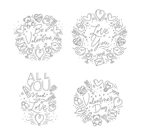 Set of valentines day flat monogram with greeting lettering drawing on white background.のイラスト素材