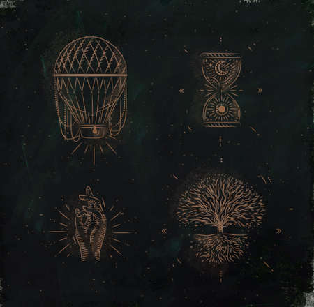 Magic and mystic signs and symbols hot air balloon, hourglass, hand, tree of life drawing on dark green backgroundのイラスト素材
