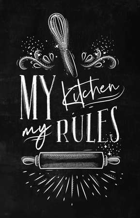 Poster with illustrated pastry equipment lettering my kitchen rules in hand drawing style on chalk background.のイラスト素材