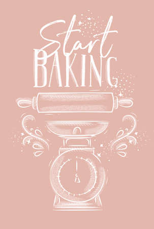 Poster with illustrated pastry equipment lettering start baking in hand drawing style on pink background.のイラスト素材