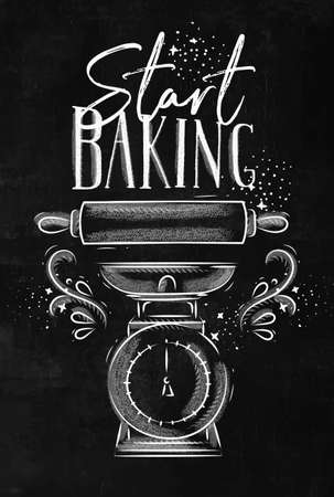 Poster with illustrated pastry equipment lettering start baking in hand drawing style on chalk background.のイラスト素材