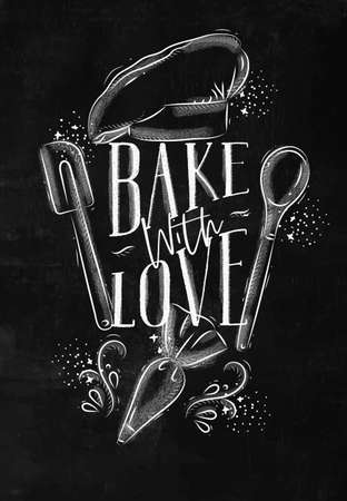 Poster with illustrated pastry equipment lettering bake with love in hand drawing style on chalk background.のイラスト素材