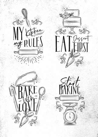 Set of bakery letterings my kitchen rules, eat dessert first, bake with love in hand drawing style on dirty paper background.のイラスト素材