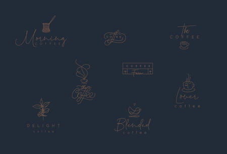 Set of minimalism modern coffee elements drawing in flat line style on blue backgroundのイラスト素材