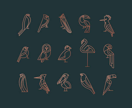 Set of bird icons in vintage art deco flat graphic style drawing on green backgroundのイラスト素材