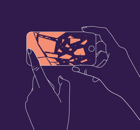 Phone in two hands with broken scattering glass drawing thin lines on blue backgroundのイラスト素材
