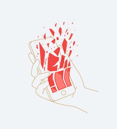 Phone in hand deleting data drawing with thin lines on white backgroundのイラスト素材