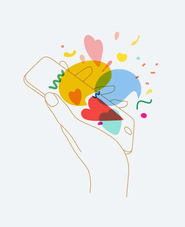 Phone in hand with love messages symbols drawing thin lines on white backgroundのイラスト素材