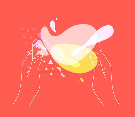 Phone in two hands interactive games with colorful splashes drawing thin lines on coral backgroundのイラスト素材