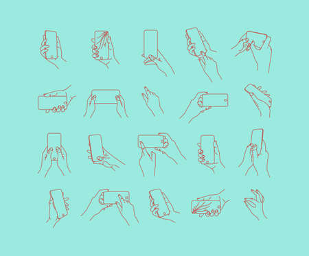 Set of hand phone in different positions and navigation drawing with thin lines on turquoise background.のイラスト素材