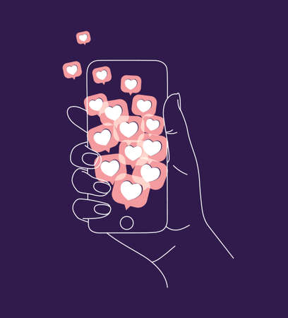Phone in hand with many like symbols drawing thin lines on blue backgroundのイラスト素材