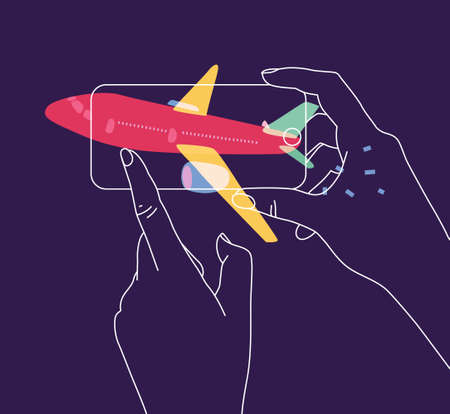 Phone in hand buying flight tickets drawing plane with thin lines on blue backgroundのイラスト素材