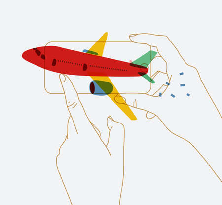 Phone in hand buying flight tickets drawing with red plane and thin lines on white backgroundのイラスト素材