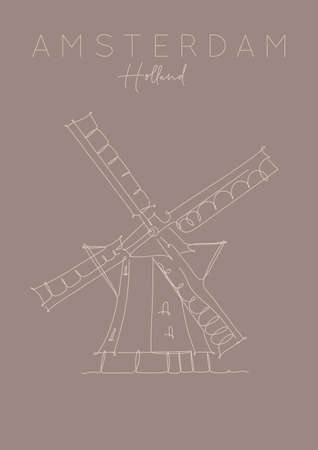 Poster windmill lettering amsterdam netherlands drawing in pen line style on brown backgroundのイラスト素材