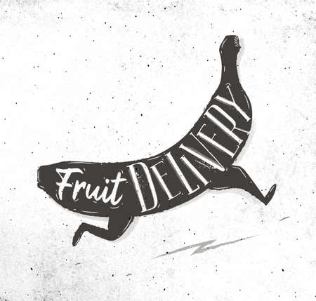 Fruit delivery with running banana and lettering drawing on dirty paper backgroundのイラスト素材