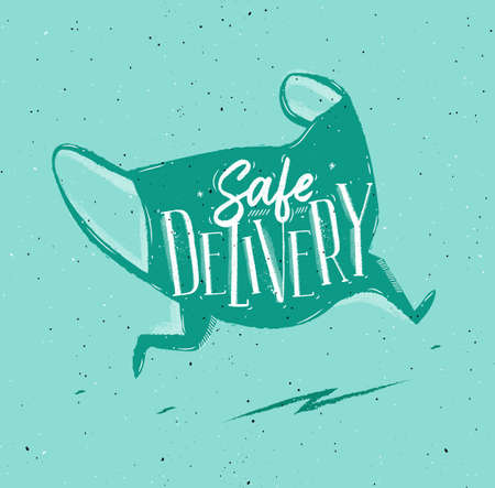 Safe delivery with running medical mask and lettering drawing on turquoise backgroundのイラスト素材