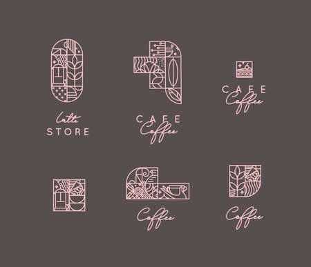Set of creative modern art deco coffee symbols in flat line style drawing on brown background.のイラスト素材