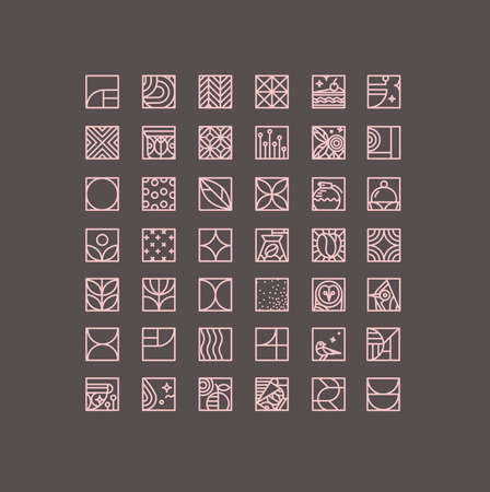 Set of creative modern art deco coffee icons in flat line style drawing on brown background.のイラスト素材
