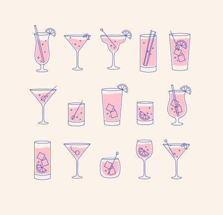 Alcohol drinks and cocktails icon set in flat line style on beigeのイラスト素材