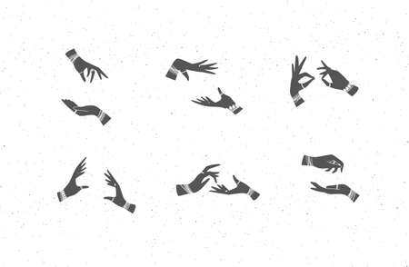 Hands pair with bracelets and rings in ethical style in different positions to express emotions.のイラスト素材