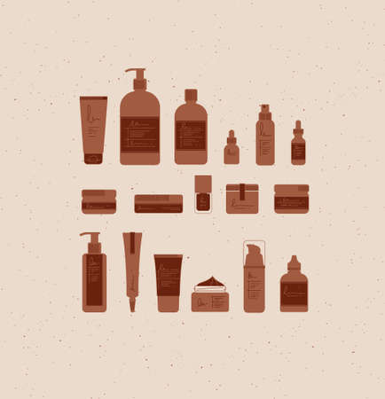 Set of cosmetic bottles in graphic style. Many containers for beauty and fashion products drawing on beige backgroundのイラスト素材