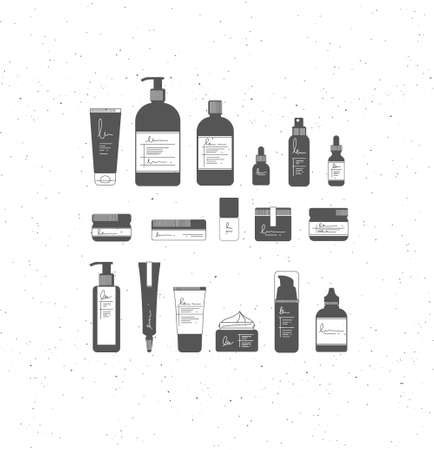 Set of cosmetic bottles in graphic style. Many containers for beauty and fashion productsのイラスト素材
