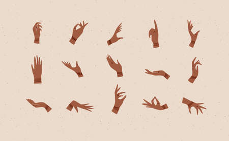 Hands with bracelets and rings in ethnical style in different positions to express feelings and emotions drawing on beige backgroundのイラスト素材