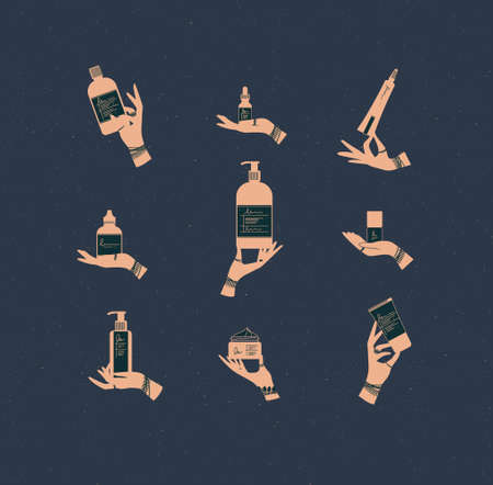 Hands with bracelets, rings holding cosmetic bottles in graphic style drawing on blue backgroundのイラスト素材
