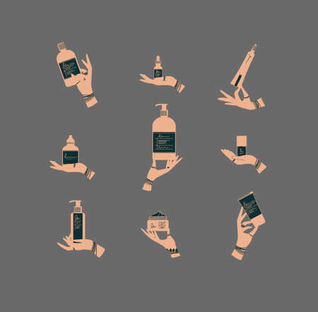 Hands with bracelets, rings holding cosmetic bottles in graphic style drawing on gray backgroundのイラスト素材