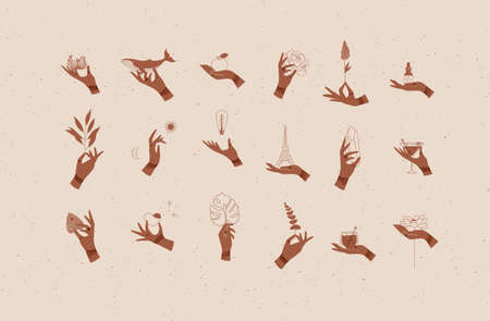 Hands labels with bracelets, rings holding decorative symbols in minimalist style drawing on beige backgroundのイラスト素材