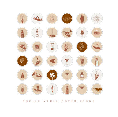 Hands, labels, cosmetics bottles, decorative symbols, branches, flowers, animals and various objects in minimalist graphic style drawing with brown colorのイラスト素材