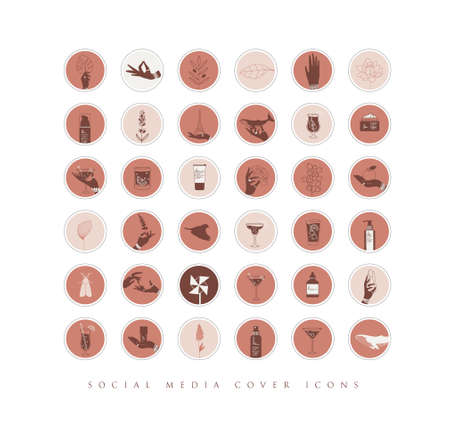 Hands, labels, cosmetics bottles, decorative symbols, branches, flowers, animals and various objects in minimalist graphic style drawing with coral colorのイラスト素材